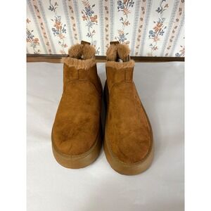Chestnut Faux Suede Fur Trim Platform‎ Ankle Boots Brown Chelsea Booties EU 38